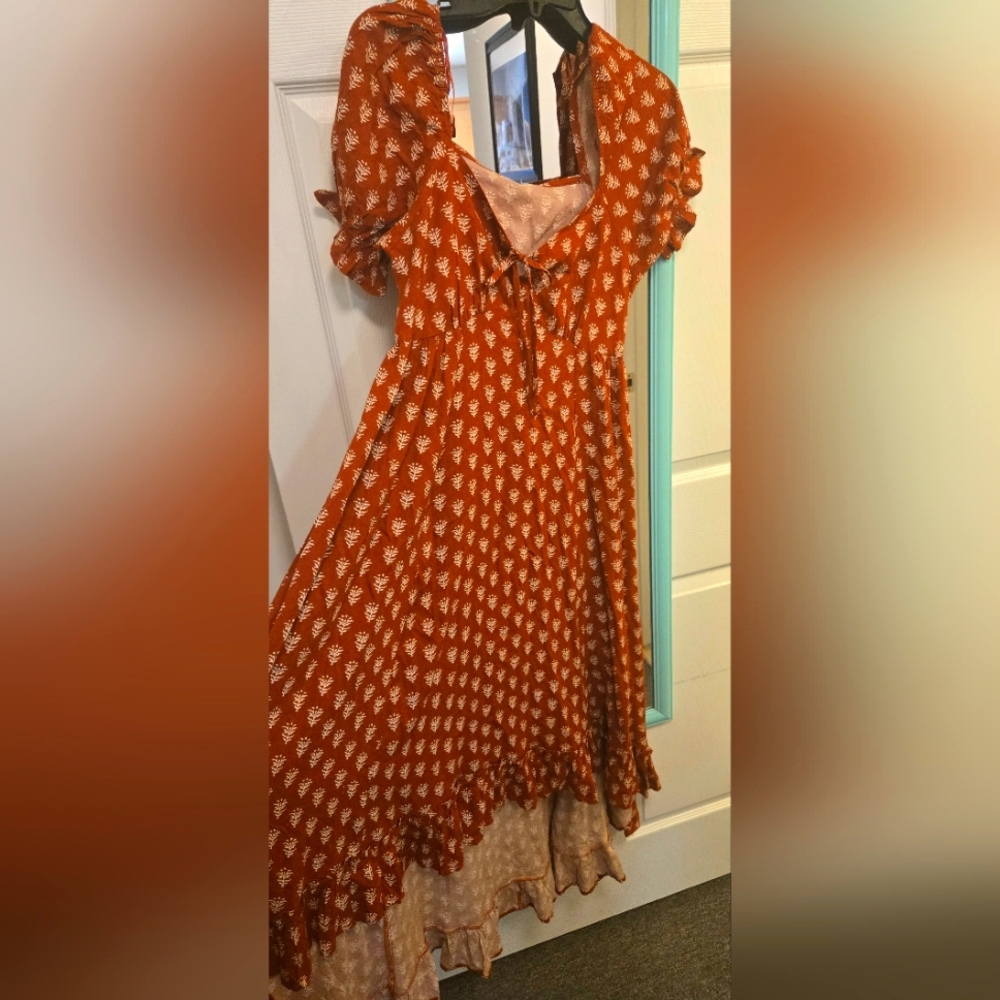 Patrons of Peace Burnt Orange Sundress with Puff Sleeves